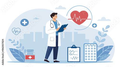 Doctor reviewing patient data on clipboard in modern medical setting