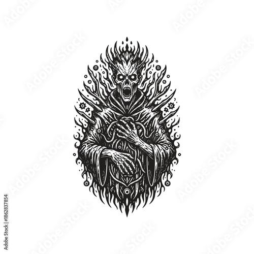 Grim dark fantasy engraving of a powerful lich king spirit with a skeletal crown, surrounded by mystical flames and arcane energy symbols.