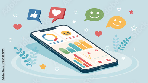 Vibrant smartphone screen displays social media engagement metrics and emoticons