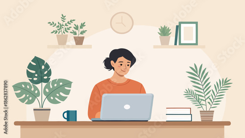 Woman working on laptop in cozy home office with plants
