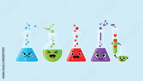 A cute and colorful set of cartoon chemistry flasks and test tubes with expressive kawaii faces showing different emotions and reactions.
