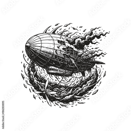 Dramatic dark fantasy engraving of a massive steampunk zeppelin crashing in flames, surrounded by smoke, debris, and mystical energy.