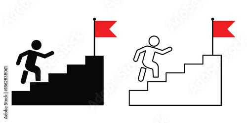 Goal Achievement Icons with Person Climbing Stairs Toward Red Flag in Solid and Outline Styles