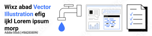 Data management, workflow processes, task organization, analytics, decision-making, documentation. Visual elements include a faucet with a drop, data analysis charts and a checklist. Data flow