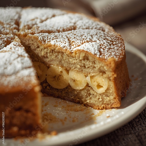 Homemade banana cake dusted with powdered sugar, showing soft crumb and banana filling. Warm tones and rustic styling create a cozy bakery-style dessert scene.
