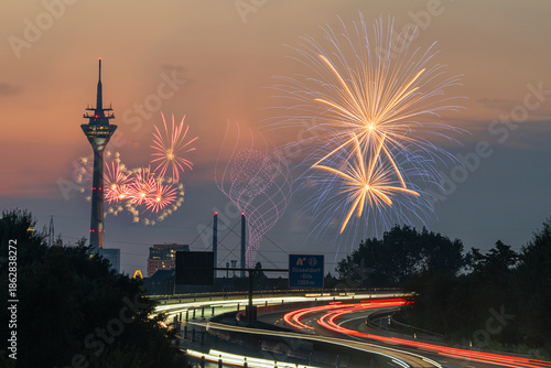 Skyline of Dusseldorf with fireworks, North Rhine Westphalia, Germany
