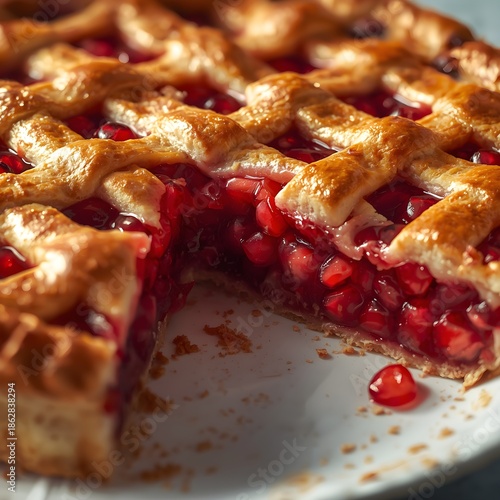 Close-up of a golden lattice pie filled with juicy pomegranate seeds. Rich red filling and flaky crust create an indulgent fruit dessert perfect for holidays and celebrations.