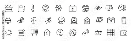 A Modern and Versatile Icon Set for Solar Energy, Renewable Resources, Eco-Friendly Solutions, and Green Technology Initiatives