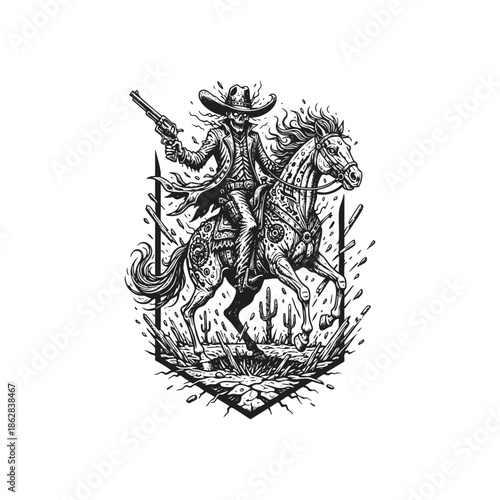Grim dark fantasy engraving of an undead cowboy skeleton riding a horse through a desert, wielding a revolver amidst mystical energy sparks.