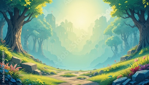 Mystical forest path leading to ancient castle in distance with vibrant greenery and colorful flowers