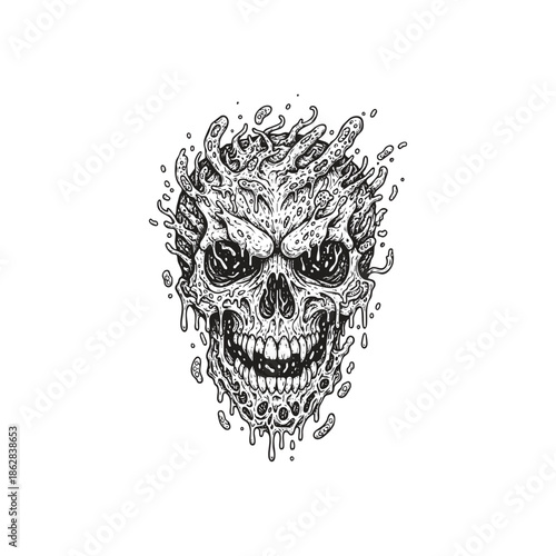 Grim dark fantasy engraving of a decaying skeletal skull melting into a viscous liquid, featuring intricate organic textures and splattered droplets.