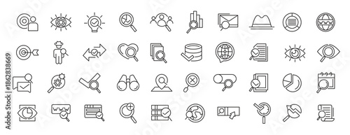 Search line icon set. Magnifying glass, seo, website, business, optimation, sign,loupe, revision, inspector, monitoring, analysis line icon set. UI thin line icon pack.