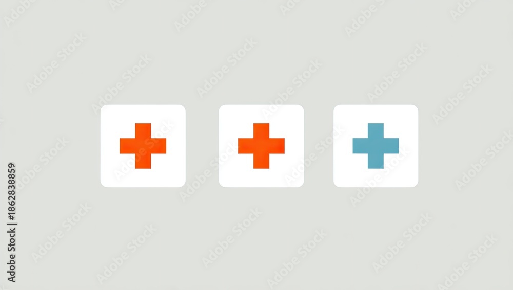 Obraz premium Three simple white squares with red, orange, and teal plus symbols on a light gray background