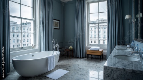 Elegant luxury ensuite bathroom with freestanding bathtub, marble countertops, and large windows with flowing blue drapes in a serene, modern ambiance