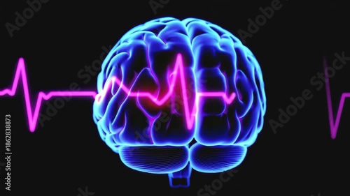 Animated Blue Brain Pulsing with Pink Heartbeat Line Representing Neural Activity and Cognitive Health Monitoring