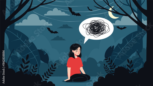 An illustration of a sad woman sitting in a dark forest at night with a tangled scribble in a speech bubble, representing anxiety.