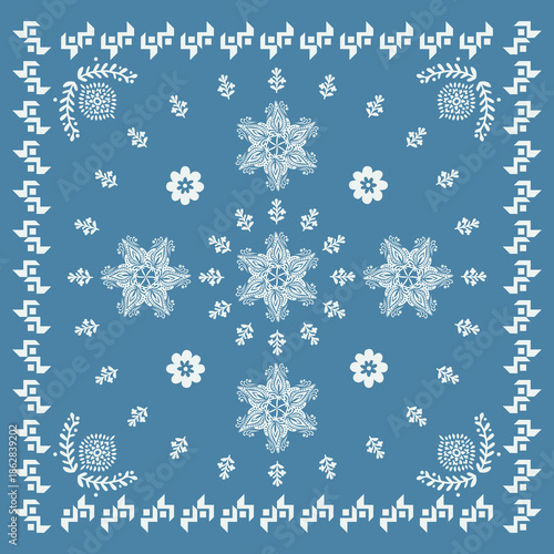 Elegant scarf pattern design. Hijab motif ornament, fabric kerchief vector wallpaper, Ornamental paisley graphic for a bandana, Geometric ornament with frame and border. Line art, lace, embroidery