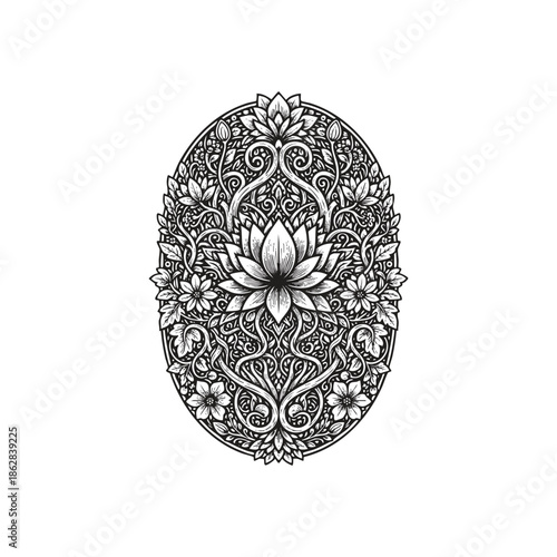 Ornate dark fantasy engraving of a blooming lotus flower, surrounded by symmetrical vines and intricate floral patterns in an oval frame.