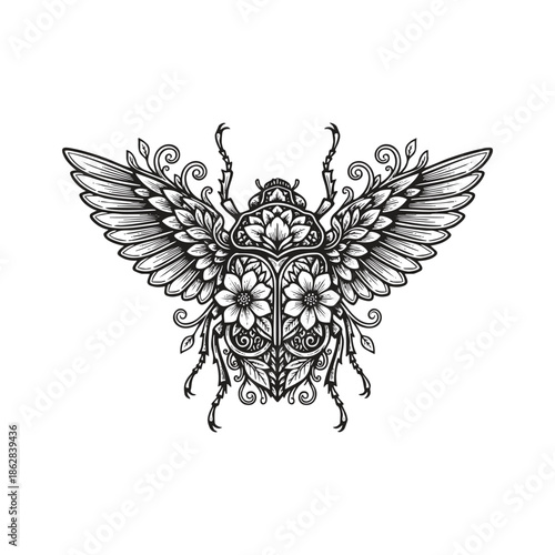 Detailed dark fantasy engraving of a mystical beetle with majestic wings, adorned with intricate floral patterns, blooming flowers, and elegant vines