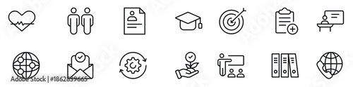 Set of Social Policy and Insuranceline icons. editable line icon collection related to education, insurance, law, goverment and more.