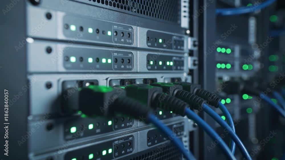 Close up of network server rack with blinking green LED lights and blue ...