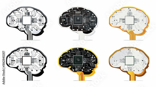 Circuit board brains with microchips on stands in various colors