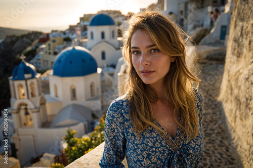 Sunlit portrait of a young woman in a blue floral dress among Santorini's white buildings and iconic blue-domed churches at sunset