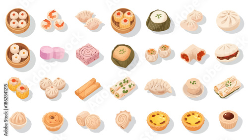 Isometric Dim Sum Icon Collection, Cantonese Yum Cha Dishes Set Including Shumai, Baozi, Dumplings, and Egg Tarts - Asian Food Vector Illustration
