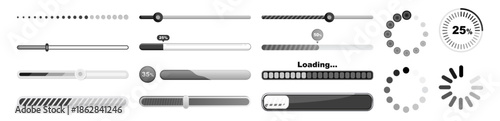 Set of vector loading icons, loading bar progress and status, download and upload indicators, simple web interface elements, vector illustration on transparent background