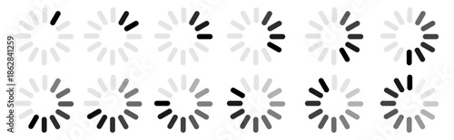 Set of vector loading icons, progress bars and status indicators for web interface, download and upload elements, clean UI collection on transparent background