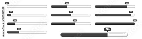 Set of loading and progress indicators, user interface bars spinners and percentage elements, clean modern vector design on transparent background