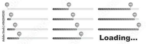 Set of vector loading icons, progress bars and status indicators for web interface, download and upload elements, clean UI collection on transparent background
