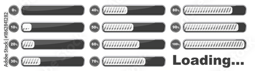 Set of vector loading icons, loading bar progress and status, download and upload indicators, simple web interface elements, vector illustration on transparent background