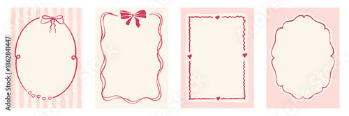 Cute frames of Valentine's Day with bows. Hand drawn backgrounds for coquette greeting cards. Template for poster, banner, wedding invitation, birthday card.