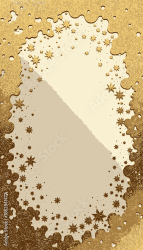 A mesmerizing golden frame featuring intricate swirling patterns and tiny star-like shapes against a gradient background, creating an elegant and enchanting visual display