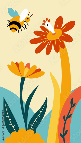 Colorful illustration of vibrant flowers with a hovering bee set against a minimalistic landscape with stylized leaves and abstract nature elements in warm hues.
