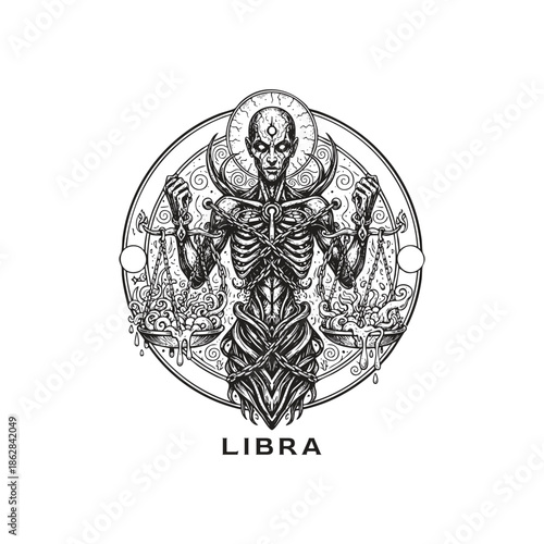 Dark aesthetic engraving illustration of Libra zodiac sign featuring a skeletal figure holding scales in a circular frame.