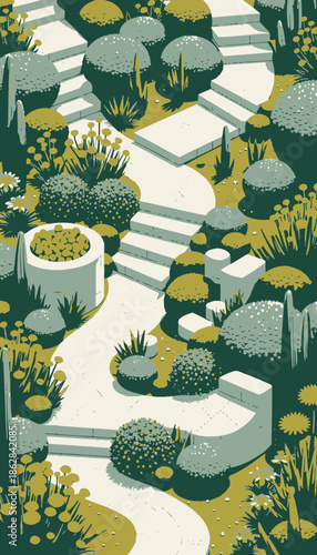 Serene Garden Pathway Surrounded by Lush Greenery and Stone Steps in a Vibrant and Tranquil Landscape Setting