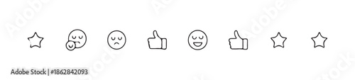 Set of simple rating symbols with stars sad happy faces and thumbs up for evaluation system