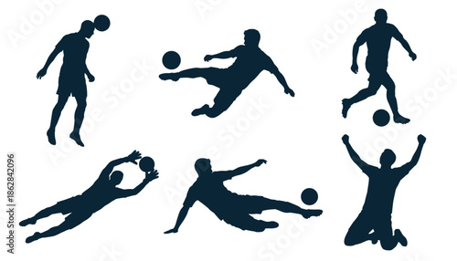 Set of Soccer Player Silhouettes in Various Action Poses Including Kicking, Heading, Goalkeeper Save, and Celebration, Isolated on White Background for Sports Graphic Design