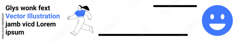 Fototapeta premium Positive emotions, motivation, communication, creative designs, digital content, social media. Cartoon character running towards a big happy face with text. Positive emotions and motivation concept