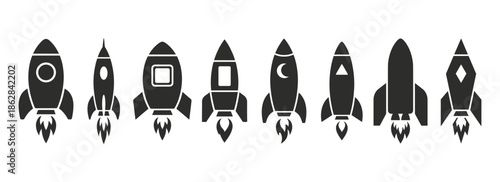 Set of Eight Different Rocket Ship Silhouettes Launching Upwards on White Background - Vector Icons for Startup, Business Growth, and Space Exploration Concepts