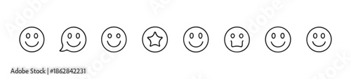 Various smiley face emoticons in circle and speech bubble with star rating icons