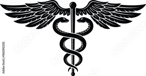 Black Caduceus Medical Symbol Silhouette with Two Snakes and Large Wings, Healthcare Pharmacy Icon Graphic, CAD Drawing Flat Vector Illustration for Professional Design