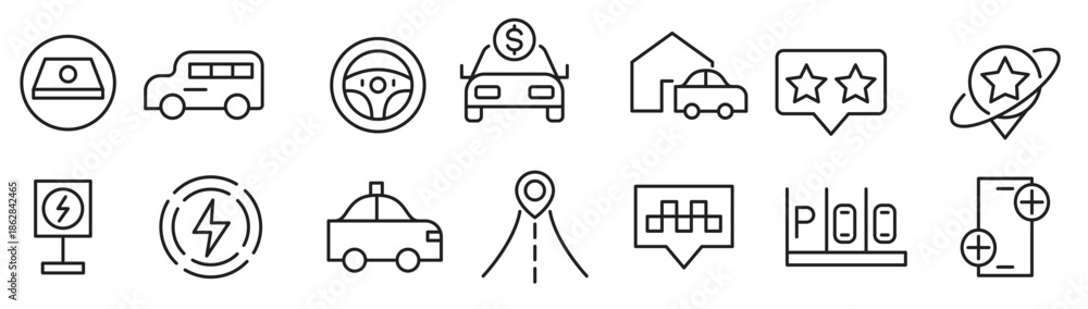 Obraz premium Taxi cab, car service line icon set. Rideshare, travel driver, passenger, taxi app, fare, Hail a Cab, location, rent a car, vector icon collection. UI outline icon pack