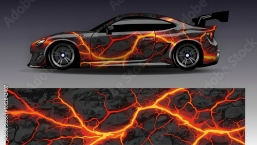 A sports car with a vibrant orange and black lava crack pattern wrap, displayed with the design strip below.