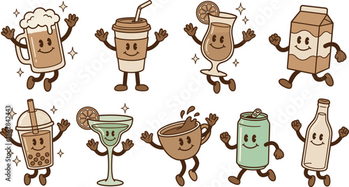 Cute cartoon beverage characters set, smiling coffee tea milk juice soda drinks, kawaii food mascot collection, CAD drawing flat vector illustration
