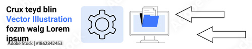 Computer screen with file folder and documents, gear icon symbolizing settings, and arrows showing data flow. Ideal for workflow, document sharing, IT solutions, task automation, data transfer, file