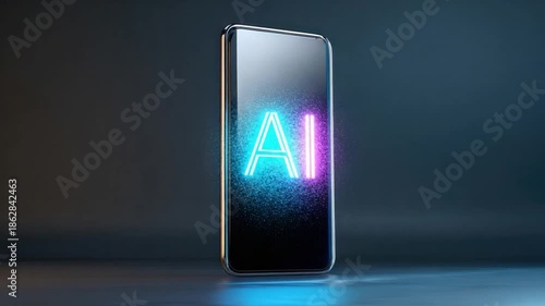 Futuristic AI Smartphone: A sleek smartphone displays the glowing neon AI symbol, highlighting the blend of technology and innovation. Reflecting a futuristic vision of artificial intelligence.