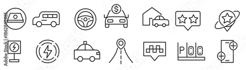 Taxi cab, car service line icon set. Rideshare, travel driver, passenger, taxi app, fare, Hail a Cab, location, rent a car, vector icon collection. UI outline icon pack